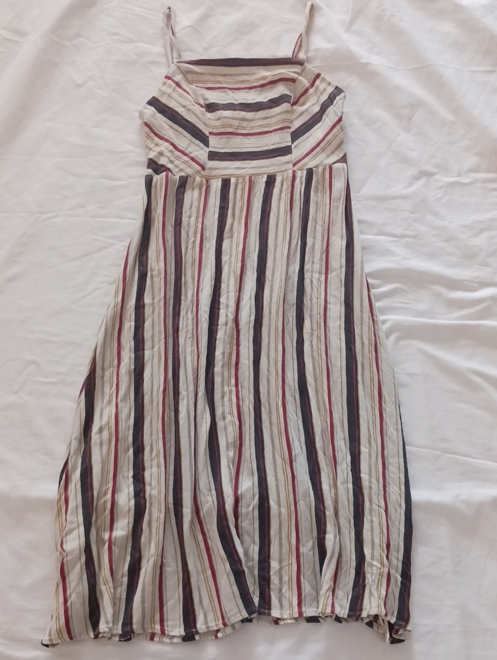 Striped Spaghetti Strap Midi Dress - White, Gray & Burgundy